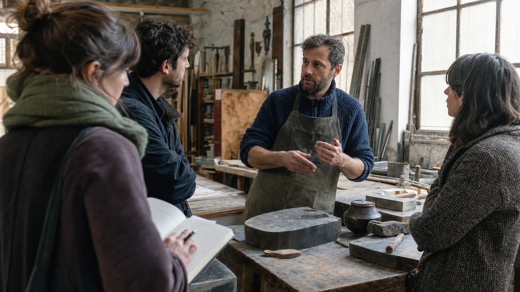 Équipe éditoriale échangeant avec un professionnel dans son atelier