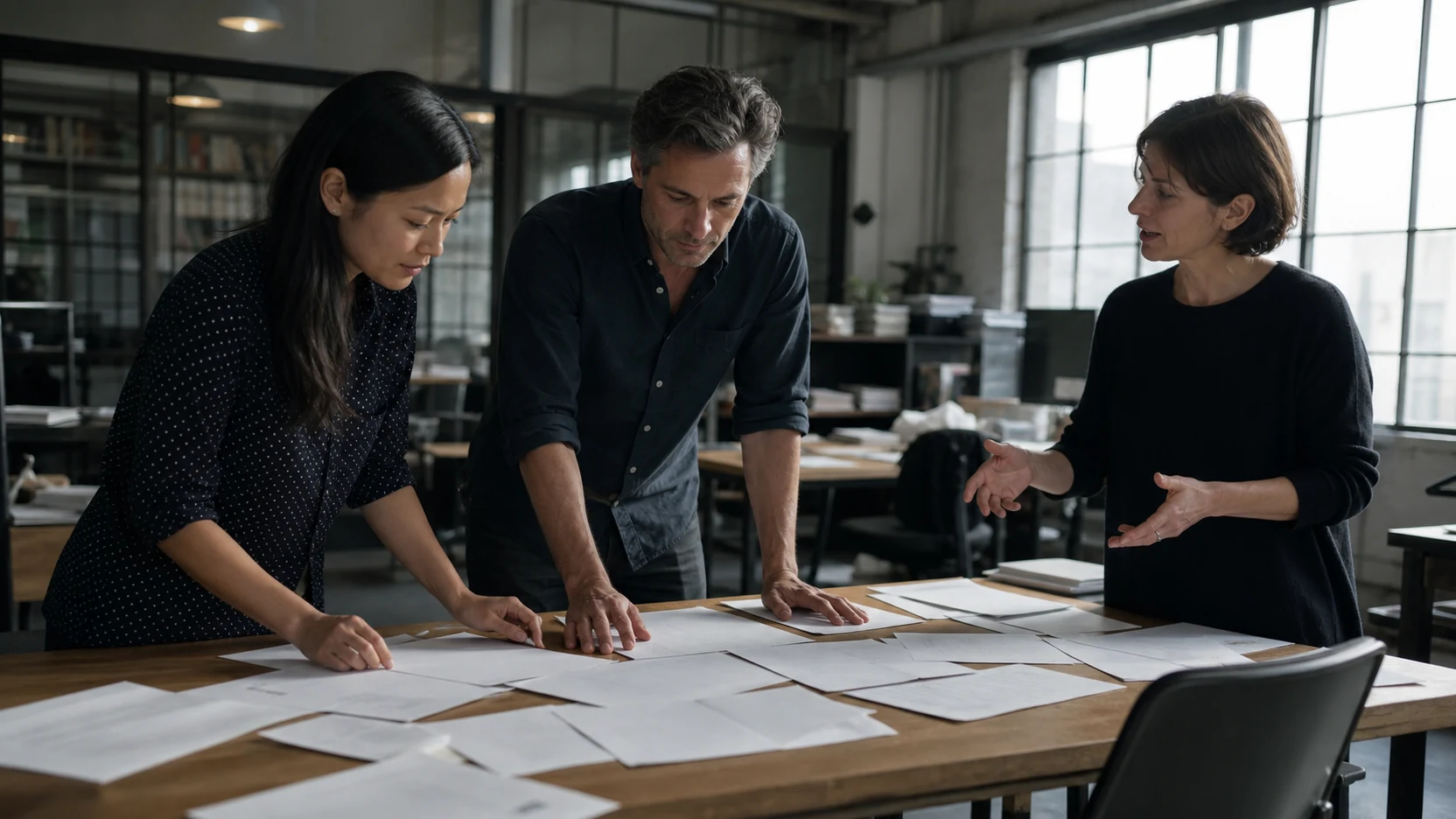 Équipe éditoriale organisant des documents de travail
