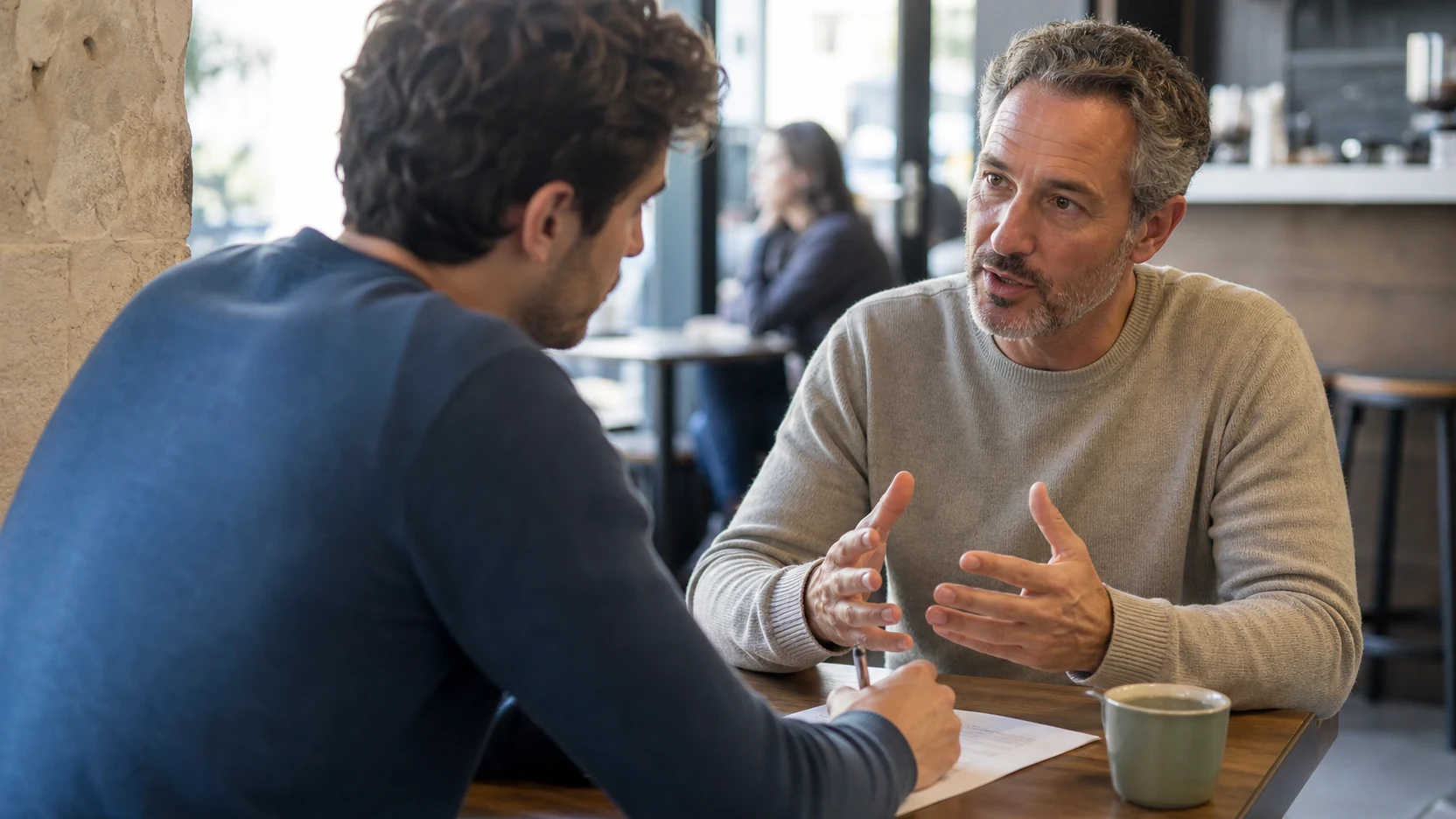 Entrepreneur échangeant avec un conseiller autour d’un projet