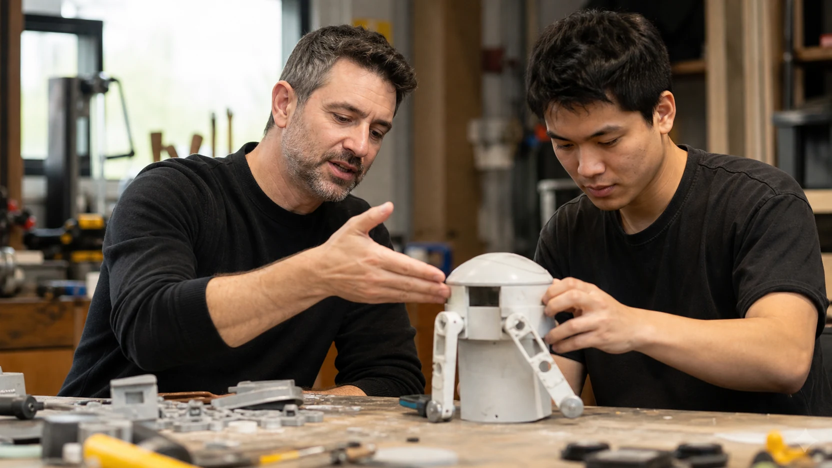 Mentor et entrepreneur examinant un prototype en atelier
